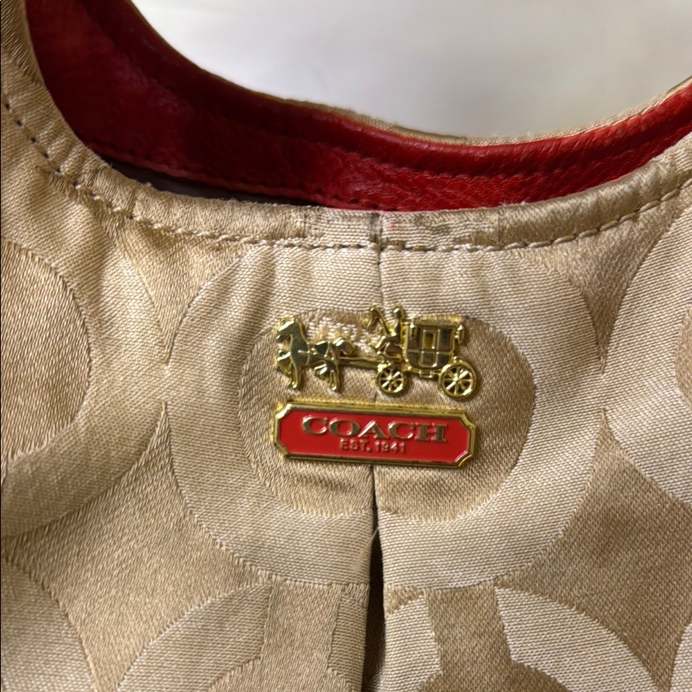 Coach Tan and Orange Signature Monogram Bag featuring Carriage logo on front. - Picture 15 of 16